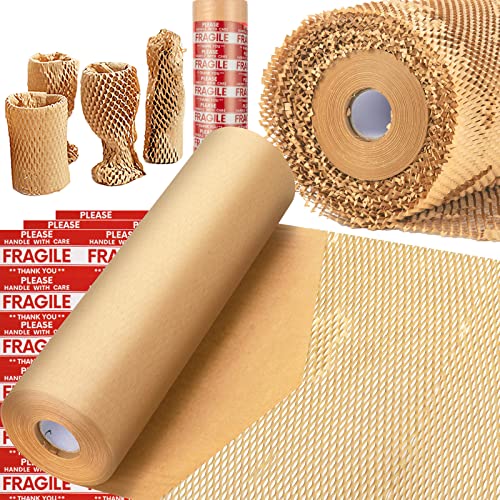 MINHAO Eco-Friendly Honeycomb Packing Paper Roll 15"x230' Brown with Fragile Stickers