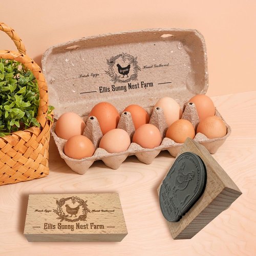 Velba Custom Egg Carton Stamps - Personalized Farm Fresh Eggs Wooden Rubber Stamps - for Egg Packaging & Labeling (1.5" x 3")