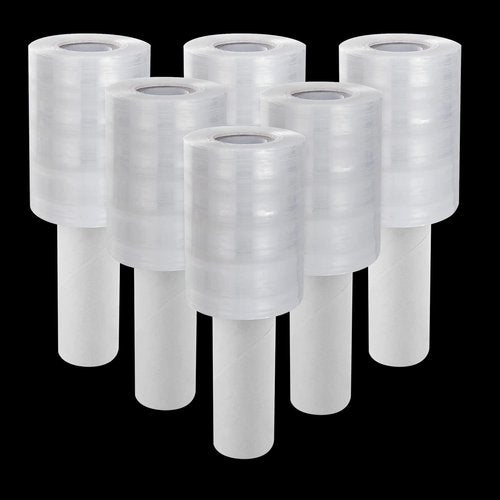 6 Pack Stretch Wrap Film with Handle, 80 Gauge Thick Industrial Strength Hand Stretch Wrap, 4" x 1000 Ft Plastic Pallet Shrink Film Heavy Duty Self-Adhering Plastic Wrap for Packing, Moving