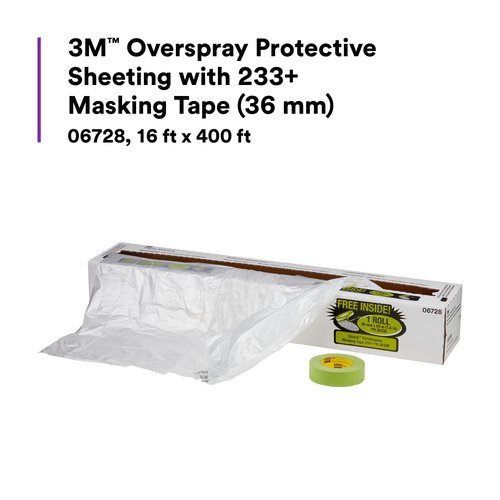 3M Overspray Protective Sheeting With 233+ Masking Tape (36 mm), 06728, Translucent, Paintable, High Density, Tear Resistant, 16 ft x 400 ft