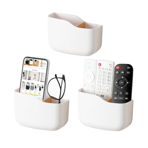SUNFICON Wall Mount Remote Control Holders 3 Pack Adhesive Media Player Controller Holder Universal TV Remote Organizer Caddy Box Tray Hollow Bottom Phone Charging Home Office Desk Nightstand White