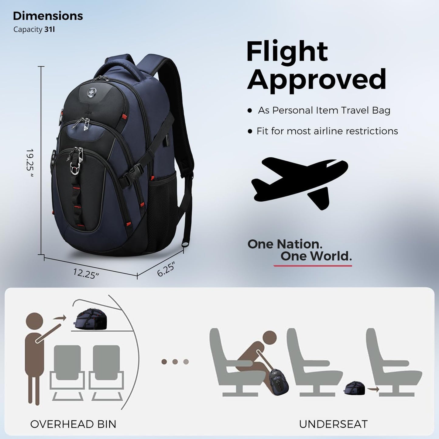 Swissdigital Laptop Backpack - USB Charging Port, Fits 15.6" Laptops, 31L Travel Bag for Men, Blue/Black | Water-Repellent SD803-12