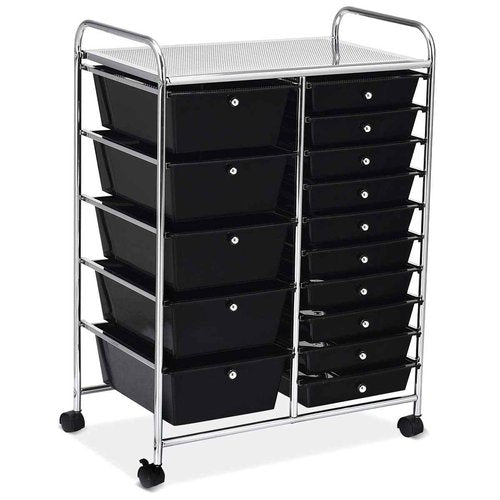 15-Drawer Storage Cart, Mobile Rolling Utility Cart w/Wheels, Multipurpose Organizer Cart for Tools, Scrapbook, Paper, Ideal for Home Office School (Black)