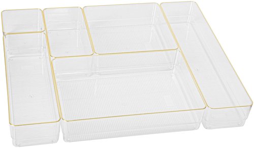 Martha Stewart Kerry Plastic Stackable Office Desk Drawer Organizers, Set of 6, with Gold Trim