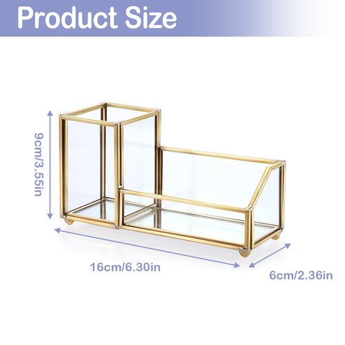 Clipore Glass Business Card Holder Metal Pen Pencil Storage Holder for Desk Clear Business Card Display Organizer Case for Office （gold） Send Goods from Local Warehouse