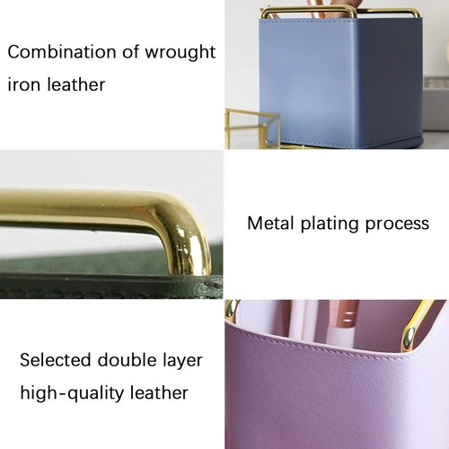 Kelendle Leather Pencil Holder Desktop Organizer Iron Art Desktop Makeup Brush Remote Control Storage Box Office Pen Holder for Desk Green