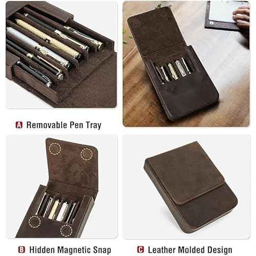 Leather Fountain Pen Case Collector Organizer,Pencil Case Handmade Pen Protective Sleeve (Magnetic 6 slots)