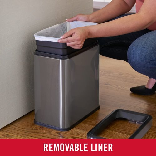 Rubbermaid 2.6-Gallon Charcoal Stainless Steel Wastebasket, Slim Space-Saving Design, Ideal for Home/Office/Bathroom