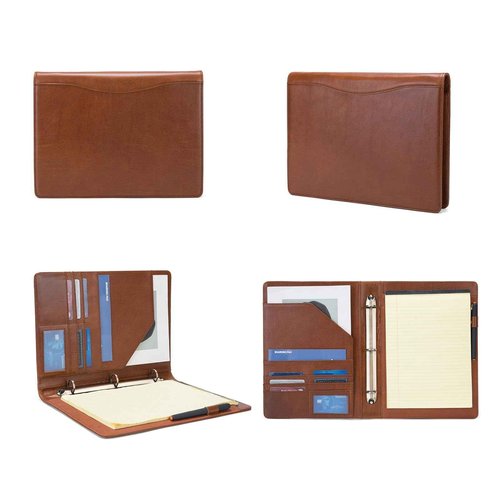 Geslun Genuine Leather 3 Ring Binder, 8.5 x 11 Letter Size Folio with Pen Holder, Soft Notebook Portfolio Cover, Slim Notepad Padfolio Thin File Organizer for Work Executive Meeting, Brown, Oil Tanned
