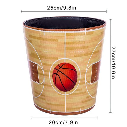 Scakbyer 10L/2.64 Gallon Trash Can, Decorative Waste Basket, PU Leather Waste Paper Basket, Waterproof Garbage Can for Bathroom, Bedroom, Office, Kitchen and Living Room - Basketball