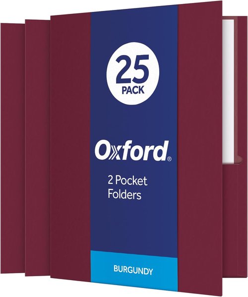 Oxford Two Pocket Folders - Textured Burgundy Paper | Letter Size, Ideal for School & Office - 25 Pack
