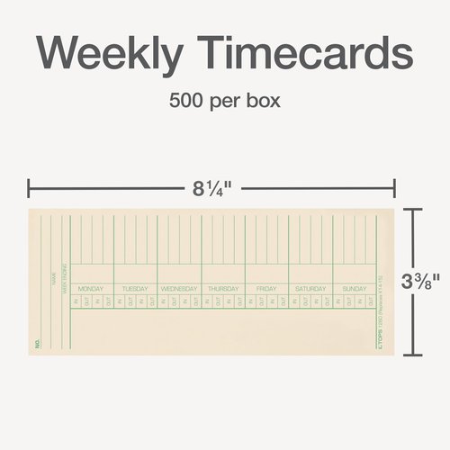 TOPS Time Cards, Weekly, 2-Sided, Named Days, 3-3/8" x 8-1/4", Manila, Green/Red Print, 500-Count (1260)