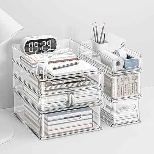MineSign 6Pack Desk Organizer with Drawers Stackable Paper Letter Tray for Office Organization Multi-functional Plastic Storage Box for Office Supplies Makeup Jewelry Beauty Accessories