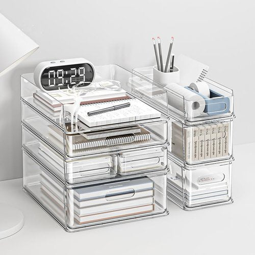 MineSign 2 Pack Desk Organizer with Drawers Stackable Paper Letter Tray for Office Organization Multi-functional Plastic Storage Box for Office Supplies Makeup Jewelry Beauty Accessories