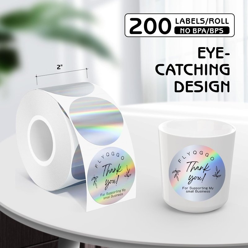 FLYQGGO 2 inch Round Holographic Thermal Sticker Labels, Waterproof & Rainbow Wave & Glitter Design, for Price/Name Tag, Barcode, DIY Custom Logo Design, Sliver(200Pcs/Roll)