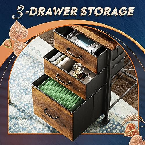 DEVAISE Mobile File Cabinet, Rolling Printer Stand with 3 Drawers, Fabric Vertical Filing Cabinet fits A4 or Letter Size for Home Office, Rustic Brown Wood Grain Print