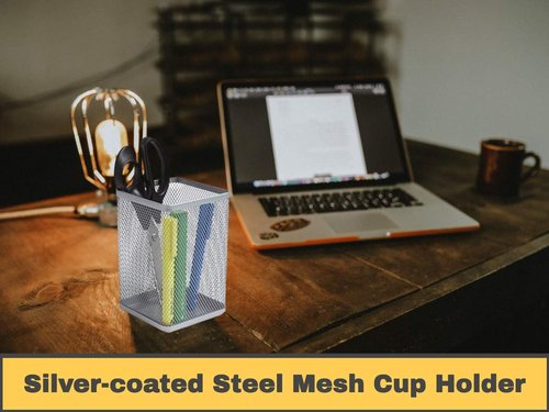 1InTheHome Large Pen Holder, Big Tall Pencil Cup, Silver Wire Mesh ''2 Pack''