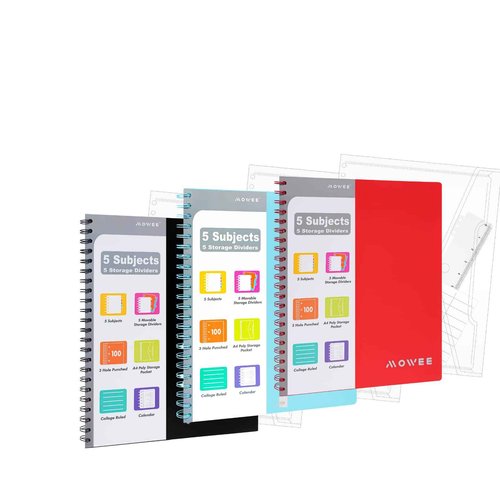 MOWEE Spiral Notebook - 5 Subject Notebook, College Ruled Notebook 3-Hole Punched With Dividers, Storage Pockets, 11" Ruler, 200 Pages, for Writing Journal, Home &Office, School Supplies（3pack）