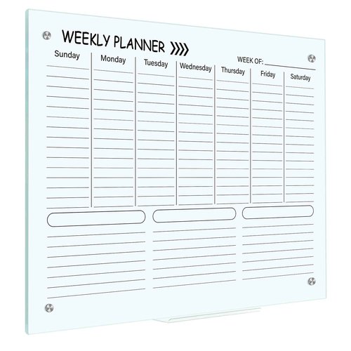 Kritkin Glass Whiteboard Calendar 24" x 18" Weekly Dry Erase White Board Planner Glass Large Wall Mounted Calendar with Marker Tray for Wall Home Office