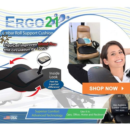ERGO21 Neck & Back Support Lumbar Roll Made of Liquid Filled Membranes | Chair Back Support at Home, Office Chairs, Bed | Relief from Lower Back Pain, Neck Pain| Size, (16”W x 10”x 2”)