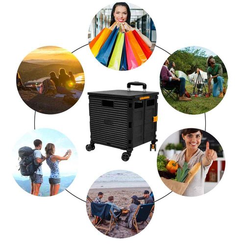 FELICON SELORSS Foldable Utility Cart Folding Portable Rolling Crate Handcart with Durable Heavy Duty Plastic Telescoping Handle Collapsible 4 Rotate Wheels for Travel Shop Move Luggage Office(Black)