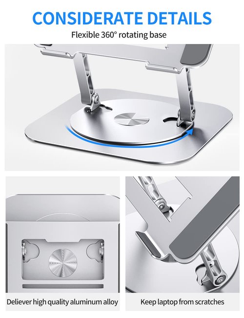 AOEVI Adjustable Computer Stand with 360 Rotating Base, Ergonimic Foldable Laptop Riser for Desk Compatible with MacBook Pro/Air Notebook up to 16 Inches, Silver