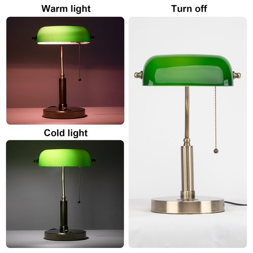 FIRVRE Glass Bankers Desk Lamp with Wireless Charger, 2 USB Charging Port, Vintage Desk Lamp with Pull Chain Switch, Retro Table Lamps for Home Office, Piano, Library (LED Bulb Included)