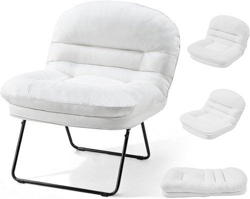 DUMOS Comfy Saucer Chair - PU Leather Foldable Floor Chair with Back Support | Stylish White for Small Spaces