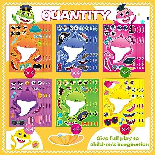 24 Sheets Make a Shark Stickers for Kids, Ocean Animals Arts and Crafts, Make Your Own Sea Animal Sticker for Party Favors, Summer Stickers for Kids Classroom Activities Teacher Reward