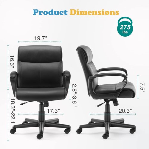 MCQ Mid Back Office Chair Swivel Executive Chair with Armrests, Leather-Padded Ergonomic Chair with Lumbar Support, PU Leather Computer Chair for Adults, Dark Black, Small Size