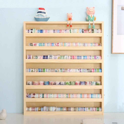 JforSJizT 7 Layers Wood Washi Tape Box Organizer and Storage with Hanging Hook, Desktop Tape DIY Sticker Roll Holder, Divider Closet Container Holder for Sewing and Thread