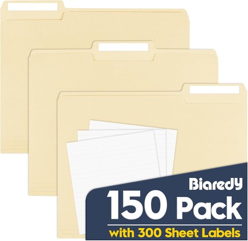 Manila File Folders - 150 Pack Bulk | Letter Size 8.5" x 11" with Assorted 1/3 Cut Tabs & Blank Labels