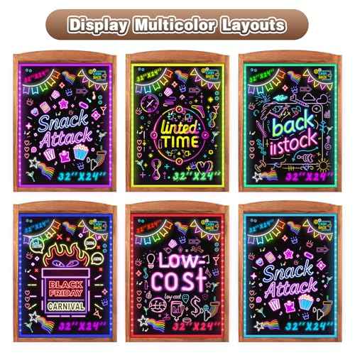 Hosim LED Message Writing Board 24"x16", Standing A-Frame Wooden LED Message Sign Board Illuminated Erasable Neon Restaurant Menu Sign, 8 Colors Markers & 16 Lighting Colors Flashing DIY Chalkboard