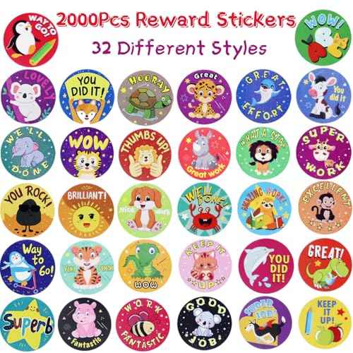 2000Pcs Reward Stickers, 4Rolls Animal Styles Teacher Motivational Sticker for School Classroom Supplies
