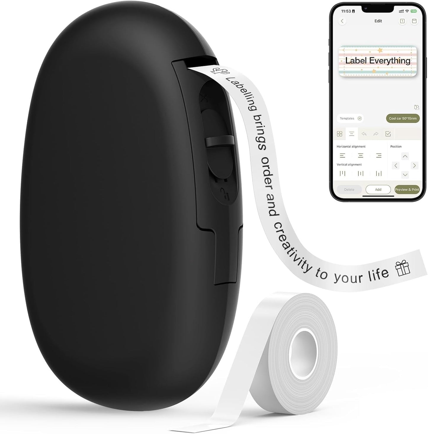 SUPVAN E10 Bluetooth Label Maker - Inkless, Waterproof Labels with 35 Fonts & 1,000+ Icons | Black