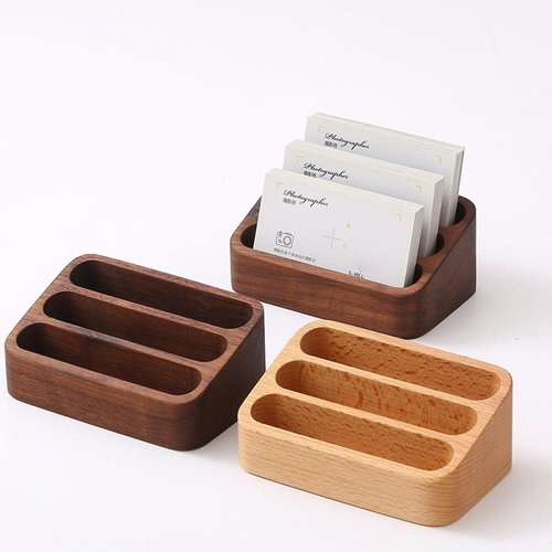 Sizikato Walnut Wood Business Card Holder for Desk, 3 Card Slots Business Card Display Holder Stand