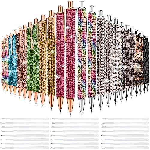 Seajan 24 Pcs Rhinestone Diamond Ballpoint Pens Writing Bling Metal Pens for Women Retractable Black Ink Gift Pens with 24 Replacement Refills for Office Birthday 0.7mm, 12 Colors
