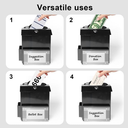 SAMYUCHO Suggestion Box with Magnetic Sign Holder, Metal Donation Boxes with Lock and Slot, Prayer Drop Ballot Raffle Tip Jars Wall Mounted Box for Fundraising Churches Offices School Black
