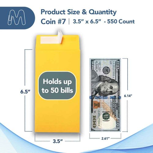 MOS #7 Gold Coin Envelopes 3.5 x 6.5 Inch 550 Pack — Self-Seal Yellow Money Envelopes for Cash, Budgeting, Savings Challenges, Seed Storage, Small Parts