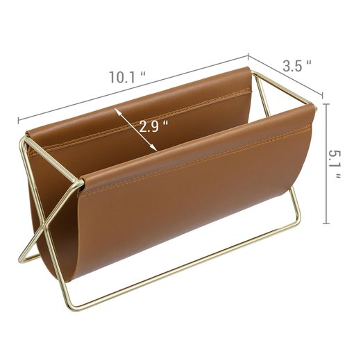 MyGift 10 Inch Mid Century Caramel Leatherette Mail Sorter Letter Holder Rack with Brass Tone Metal Frame, Faux Leather Sling Style Office Desk Card Envelope Organizer Stand