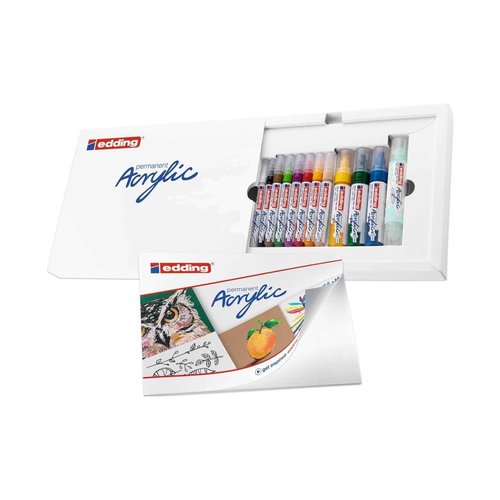 Edding Creative Set - Acrylic Pens (Fine, Medium, Broad), Waterproof Incl. Art Pad - 12 Basic Paint Markers for Canvas, Wood & Rock Painting