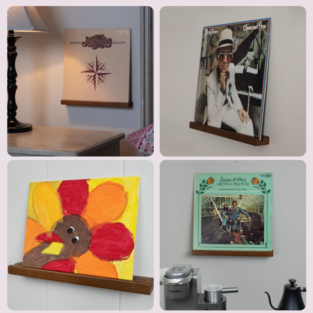 Vinyl Record Holder by Pinewood - Pack of 6 Wall Mounts with 2 Mounting Options | Walnut Stain Finish