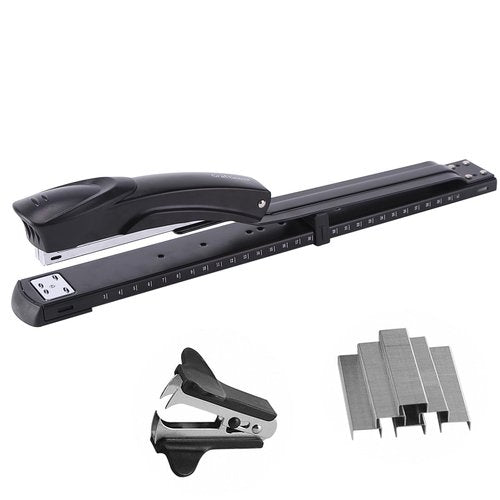 Craftinova Long Reach Stapler,with 2000 Staples & Stapler Remover Full Strip，20-25 Sheet Capacity,with Built-in Ruler and Adjustable Locking Paper Guide, Black