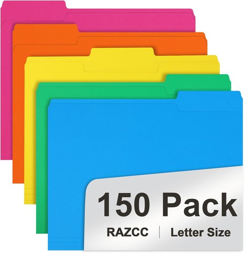 RAZCC 150-Pack File Folders - Letter Size Assorted Colors with 1/3 Cut Tabs for Office & Classroom Use