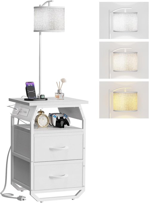 Runjuly Floor Lamp with Table - 3-Color Temperature Bulb & 2 Drawers | Stylish Side Table for Bedroom & Dorm - White