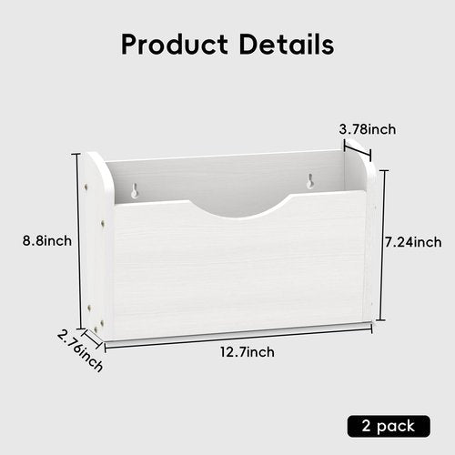 SUPEASY Mail Organizer Wall Mounted, Wall File Holder, Wood Hanging File Organizer, Wall Mail Sorter Document, Magazine, Letter, Paper Organization for Office Home, White, 2 Pack
