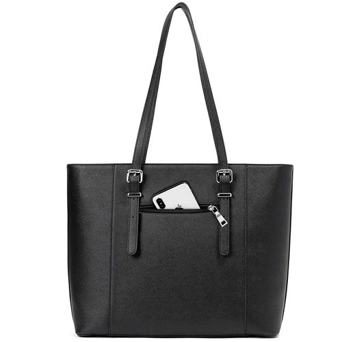 BROMEN Leather Laptop Bag for Women 15.6 inch Computer Office Briefcase Handbag Shoulder Work Tote with Padded Compartment black