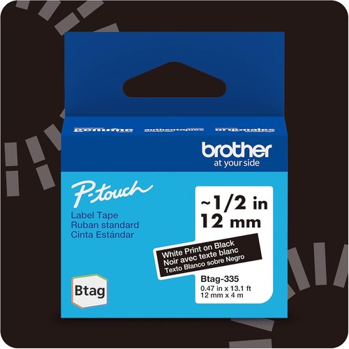 Brother Genuine P-Touch Label Tape - White on Black, 1/2in x 13.1ft (12mm x 4m) | Compatible with PT-N10, PT-N20, PT-N25BT