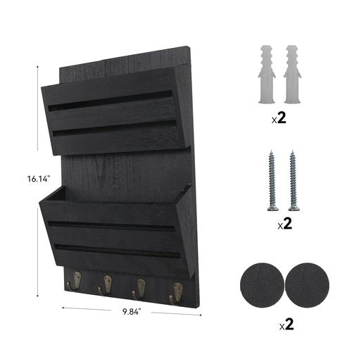 Mail Organizer Wall Mount with 4 Key Hooks, Rustic Wooden Hanging Mail Sorter Farmhouse Key Holder for Wall Decoration, 2-Slot Wall File and Magazines Bill Letter Holder