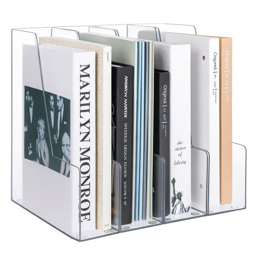 Vertical Magazine File Holder, Clear File Organizer Desk Organizer and Storage Bins Holding for Magazines, Binders, Notebooks, Envelopes, Plastic Office Organization and Storage for Desk, 4 pack